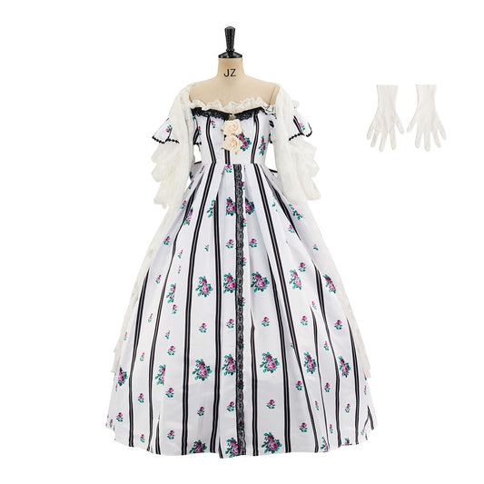 Rococo Style Printed Ball Gown with Matching Gloves for Historical Reenactments Cosplay Events Rococo Themed Gatherings Halloween Christmas
