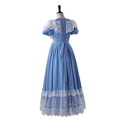Medieval Style Light Blue Gown with Lace Trimmed Square Neck Short Sleeves and Hem for Historical Reenactments Cosplay Events Halloween Christmas