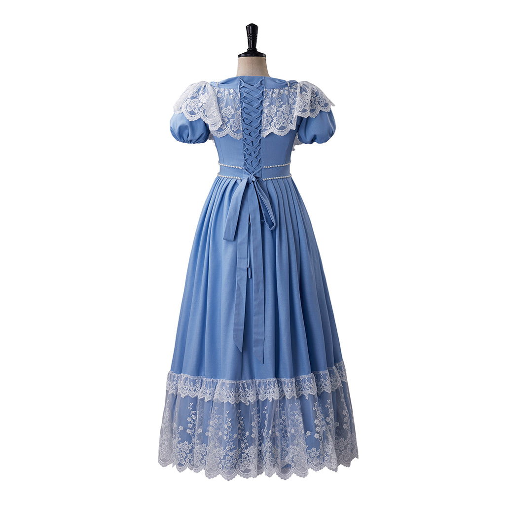 Medieval Style Light Blue Gown with Lace Trimmed Square Neck Short Sleeves and Hem for Historical Reenactments Cosplay Events Halloween Christmas