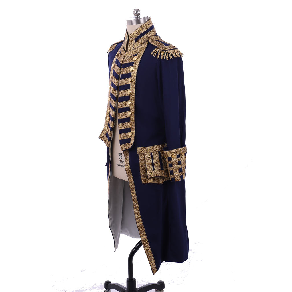 Medieval Men's Navy Blue and Gold Empire Military Coat with Ornate Gold Accents Cosplay Stage Costume Adult Halloween Christmas Party Themed Outfit