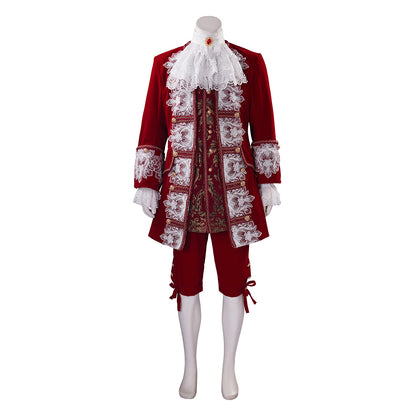Medieval Royal Crimson Velvet Court Suit with White Lace Ruffles Ornate Embroidery for Historical Reenactments Cosplay Events Halloween Christmas