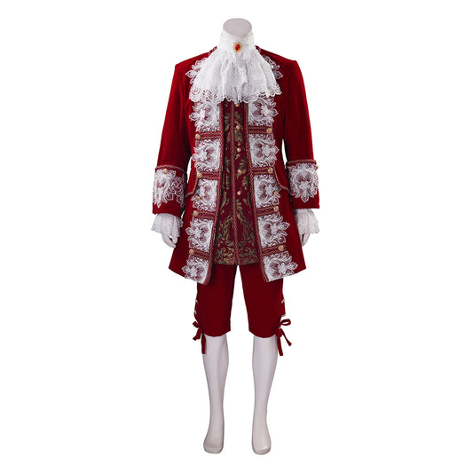 Medieval Royal Crimson Velvet Court Suit with White Lace Ruffles Ornate Embroidery for Historical Reenactments Cosplay Events Halloween Christmas