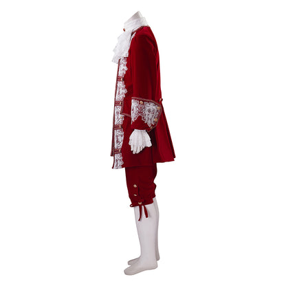Medieval Royal Crimson Velvet Court Suit with White Lace Ruffles Ornate Embroidery for Historical Reenactments Cosplay Events Halloween Christmas