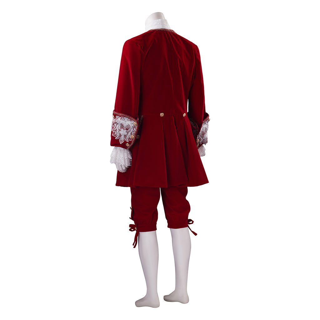 Medieval Royal Crimson Velvet Court Suit with White Lace Ruffles Ornate Embroidery for Historical Reenactments Cosplay Events Halloween Christmas