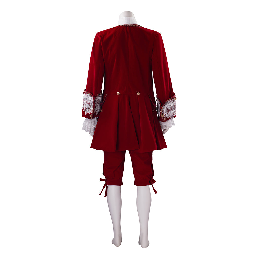 Medieval Royal Crimson Velvet Court Suit with White Lace Ruffles Ornate Embroidery for Historical Reenactments Cosplay Events Halloween Christmas