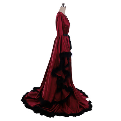 Medieval Bridal Robe Long Silk Satin Bridesmaid Wedding Robe Nightgown Bathrobe Sleepwear Maternity Photoshoot Robe Women Renaissance Satin Dress Women Adult Cosplay Costume Ladies Halloween Renaissance Gown