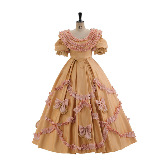 Victorian Style Peach Ruffled Ball Gown with Puffed Sleeves and Bow Accentsfor Historical Reenactments  Medieval Themed Gatherings Halloween Christmas