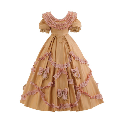 Victorian Style Peach Ruffled Ball Gown with Puffed Sleeves and Bow Accentsfor Historical Reenactments  Medieval Themed Gatherings Halloween Christmas