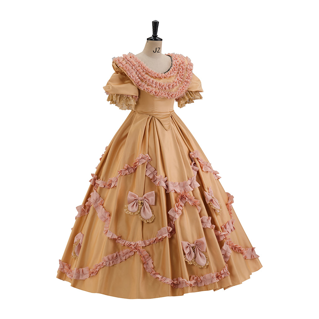 Victorian Style Peach Ruffled Ball Gown with Puffed Sleeves and Bow Accentsfor Historical Reenactments  Medieval Themed Gatherings Halloween Christmas