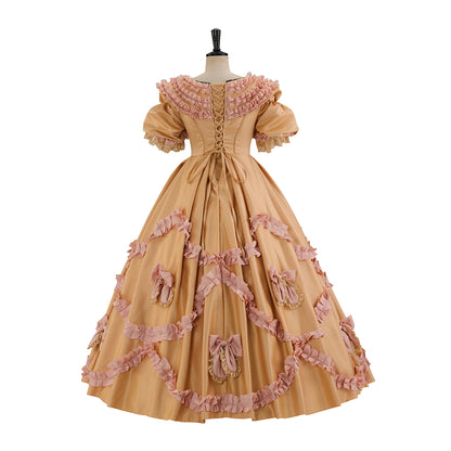 Victorian Style Peach Ruffled Ball Gown with Puffed Sleeves and Bow Accentsfor Historical Reenactments  Medieval Themed Gatherings Halloween Christmas