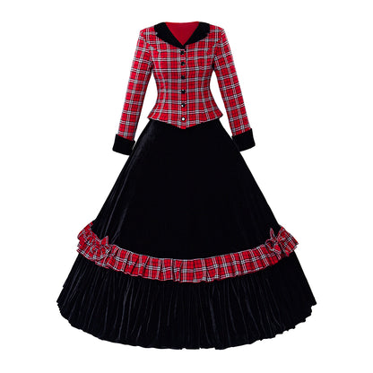 Medieval Style Red and Black Plaid Long Sleeved Dress with Black Full Skirt for Historical Reenactments Cosplay Events Halloween Christmas