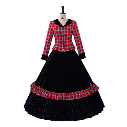 Medieval Style Red and Black Plaid Long Sleeved Dress with Black Full Skirt for Historical Reenactments Cosplay Events Halloween Christmas