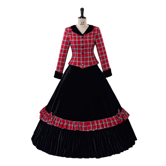 Medieval Style Red and Black Plaid Long Sleeved Dress with Black Full Skirt for Historical Reenactments Cosplay Events Halloween Christmas