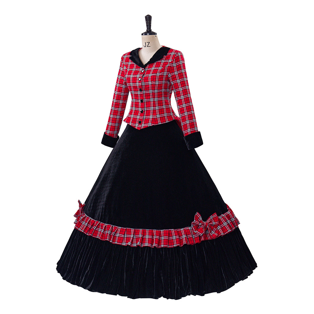 Medieval Style Red and Black Plaid Long Sleeved Dress with Black Full Skirt for Historical Reenactments Cosplay Events Halloween Christmas