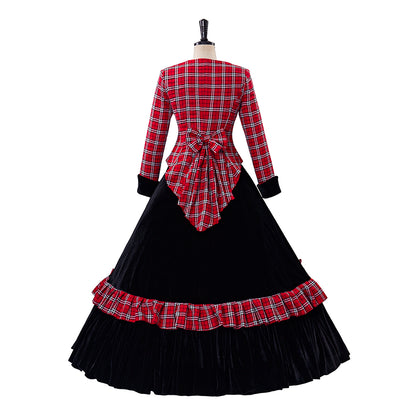 Medieval Style Red and Black Plaid Long Sleeved Dress with Black Full Skirt for Historical Reenactments Cosplay Events Halloween Christmas