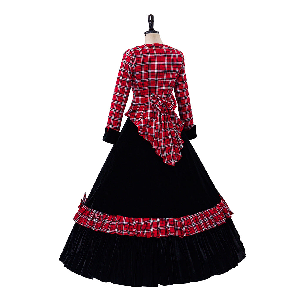 Medieval Style Red and Black Plaid Long Sleeved Dress with Black Full Skirt for Historical Reenactments Cosplay Events Halloween Christmas