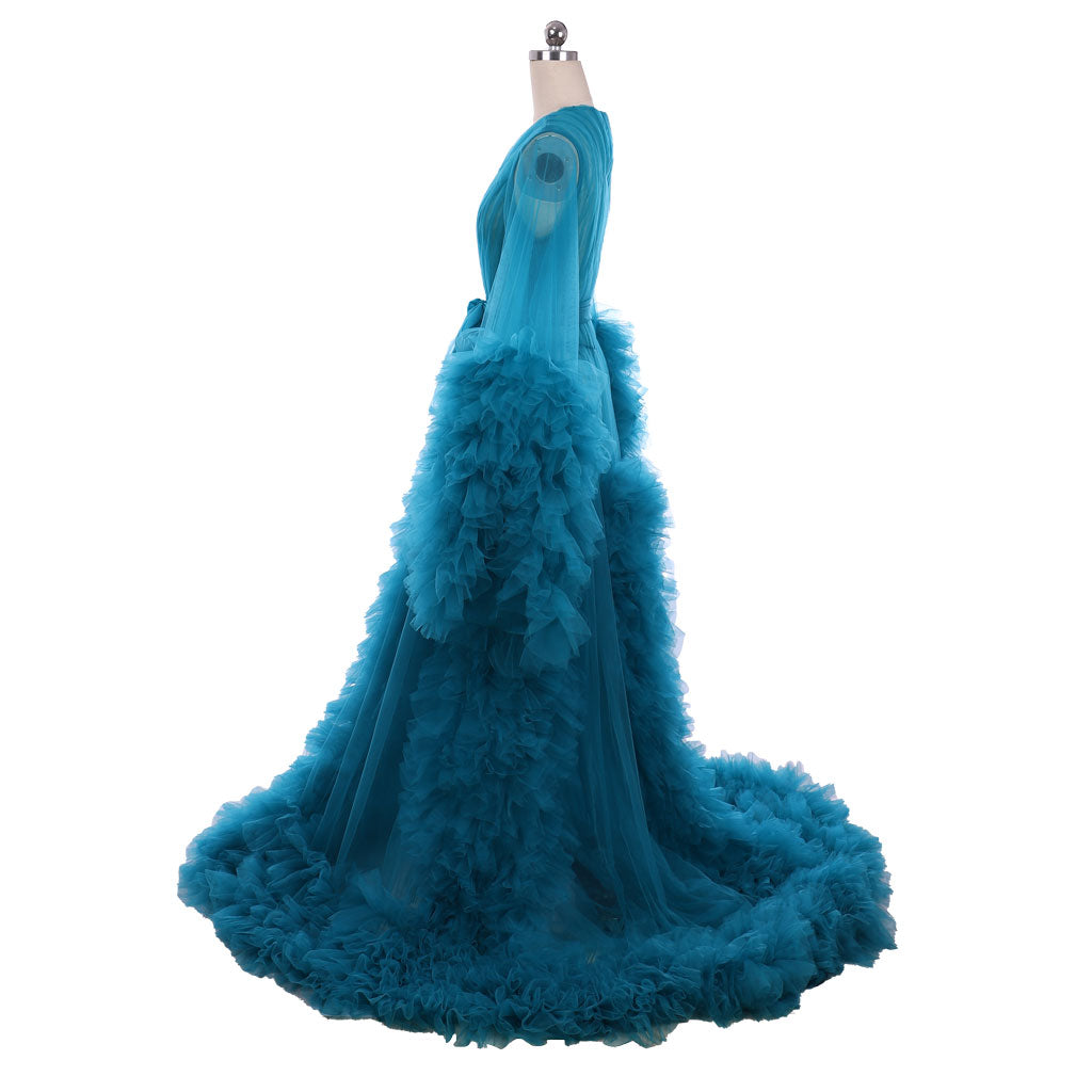 Medieval Tulle Robe Puffy Bridal Lingerie Bathgown Sheer Maternity Photoshoot Sexy Illusion Long Robe Nightgown Teal Regency Retro Renaissance Dress Women Cosplay Outfit Adult Ladies Halloween Dress