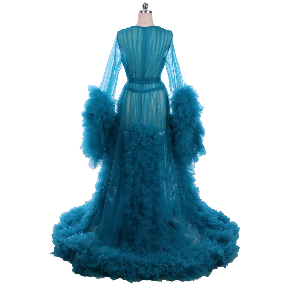 Medieval Tulle Robe Puffy Bridal Lingerie Bathgown Sheer Maternity Photoshoot Sexy Illusion Long Robe Nightgown Teal Regency Retro Renaissance Dress Women Cosplay Outfit Adult Ladies Halloween Dress