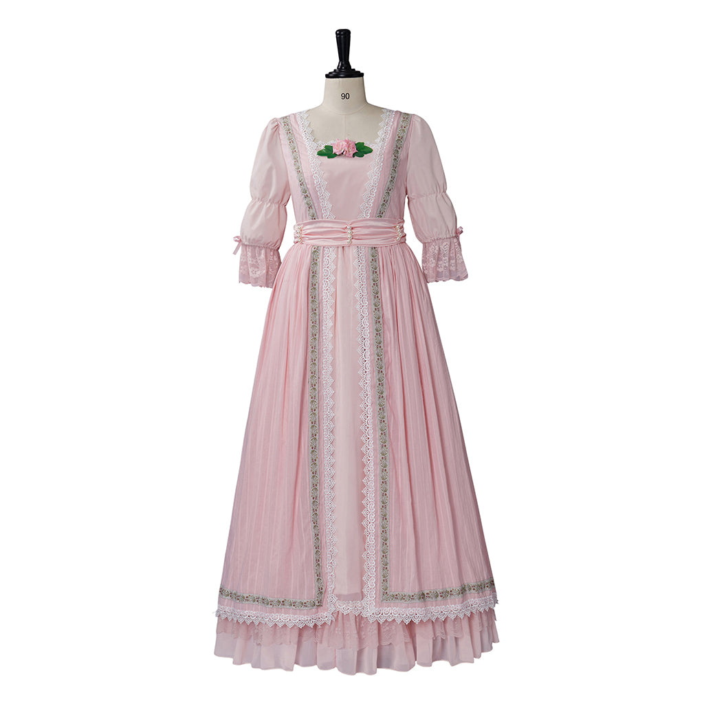 Medieval Style Pink Gown with Square Neckline Puff Sleeves Pink Waist Sash for Historical Reenactments Cosplay Events Halloween Christmas