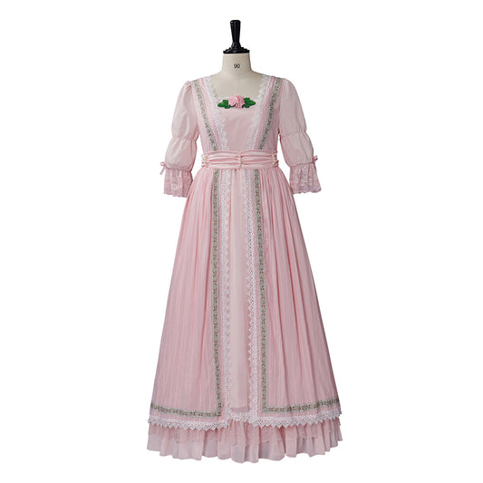 Medieval Style Pink Gown with Square Neckline Puff Sleeves Pink Waist Sash for Historical Reenactments Cosplay Events Halloween Christmas