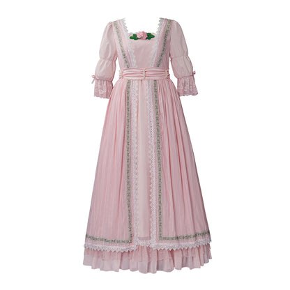 Medieval Style Pink Gown with Square Neckline Puff Sleeves Pink Waist Sash for Historical Reenactments Cosplay Events Halloween Christmas