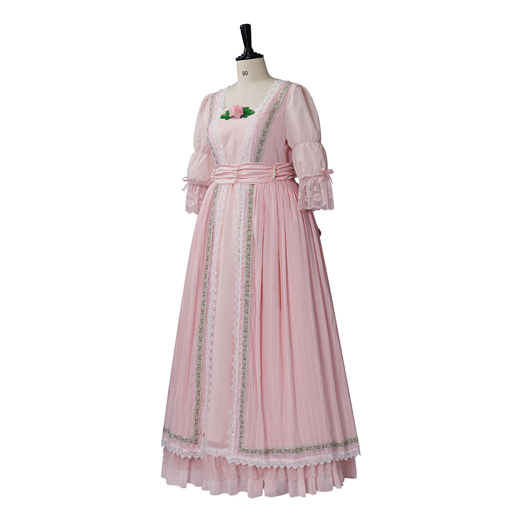 Medieval Style Pink Gown with Square Neckline Puff Sleeves Pink Waist Sash for Historical Reenactments Cosplay Events Halloween Christmas