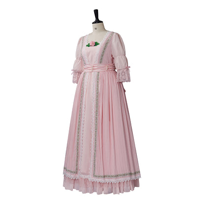 Medieval Style Pink Gown with Square Neckline Puff Sleeves Pink Waist Sash for Historical Reenactments Cosplay Events Halloween Christmas