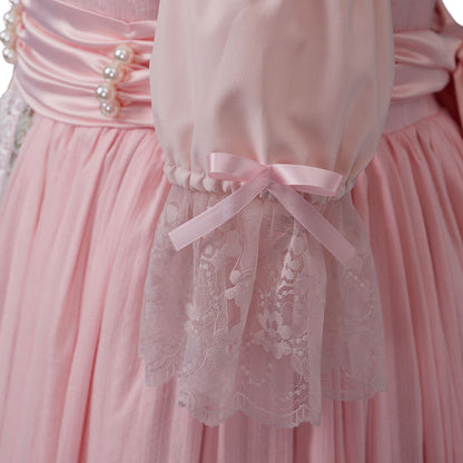 Medieval Style Pink Gown with Square Neckline Puff Sleeves Pink Waist Sash for Historical Reenactments Cosplay Events Halloween Christmas