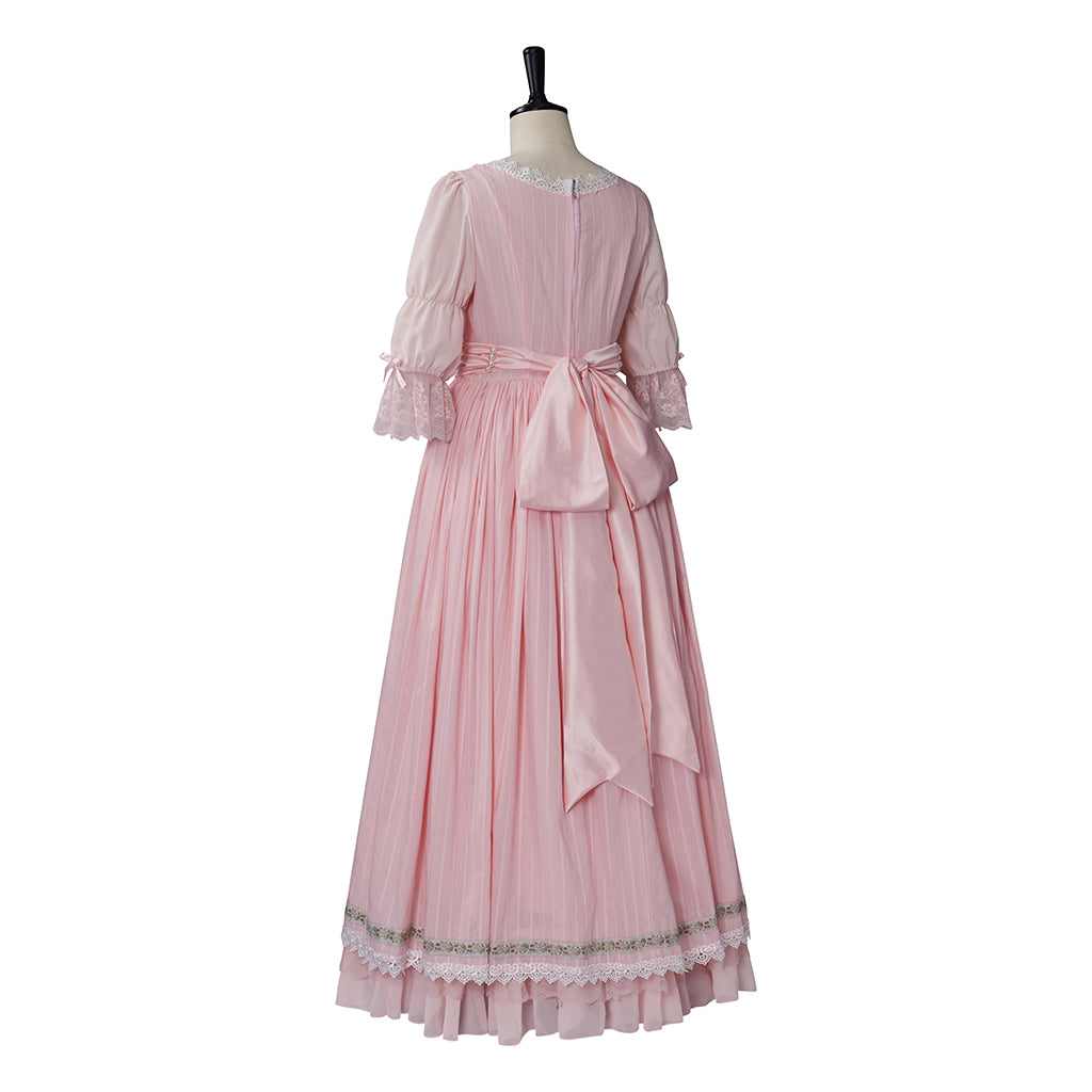 Medieval Style Pink Gown with Square Neckline Puff Sleeves Pink Waist Sash for Historical Reenactments Cosplay Events Halloween Christmas