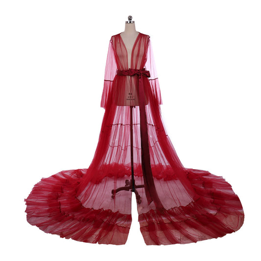 Medieval Tulle Bridal Robe Lingerie Long Sheer Nightgown Sleepwear Maternity Robe Women Gothic Red Cosplay Costume Adult Renaissance Sheer Gown With Belt Long Train Ladies Halloween Christmas Dress
