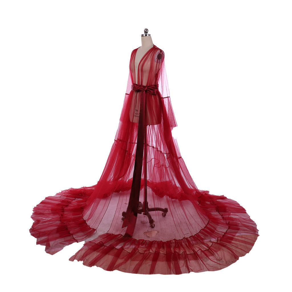 Medieval Tulle Bridal Robe Lingerie Long Sheer Nightgown Sleepwear Maternity Robe Women Gothic Red Cosplay Costume Adult Renaissance Sheer Gown With Belt Long Train Ladies Halloween Christmas Dress