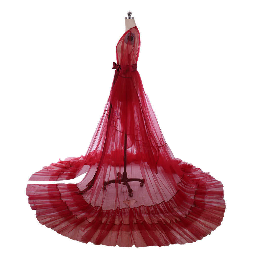 Medieval Tulle Bridal Robe Lingerie Long Sheer Nightgown Sleepwear Maternity Robe Women Gothic Red Cosplay Costume Adult Renaissance Sheer Gown With Belt Long Train Ladies Halloween Christmas Dress