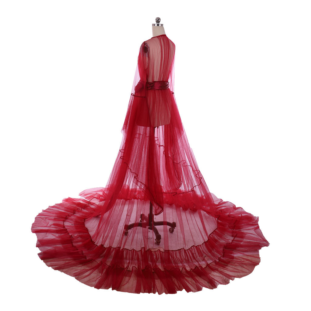 Medieval Tulle Bridal Robe Lingerie Long Sheer Nightgown Sleepwear Maternity Robe Women Gothic Red Cosplay Costume Adult Renaissance Sheer Gown With Belt Long Train Ladies Halloween Christmas Dress