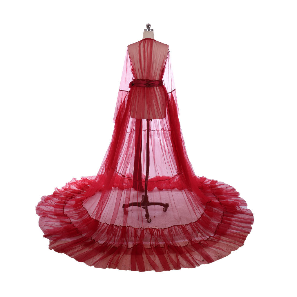 Medieval Tulle Bridal Robe Lingerie Long Sheer Nightgown Sleepwear Maternity Robe Women Gothic Red Cosplay Costume Adult Renaissance Sheer Gown With Belt Long Train Ladies Halloween Christmas Dress