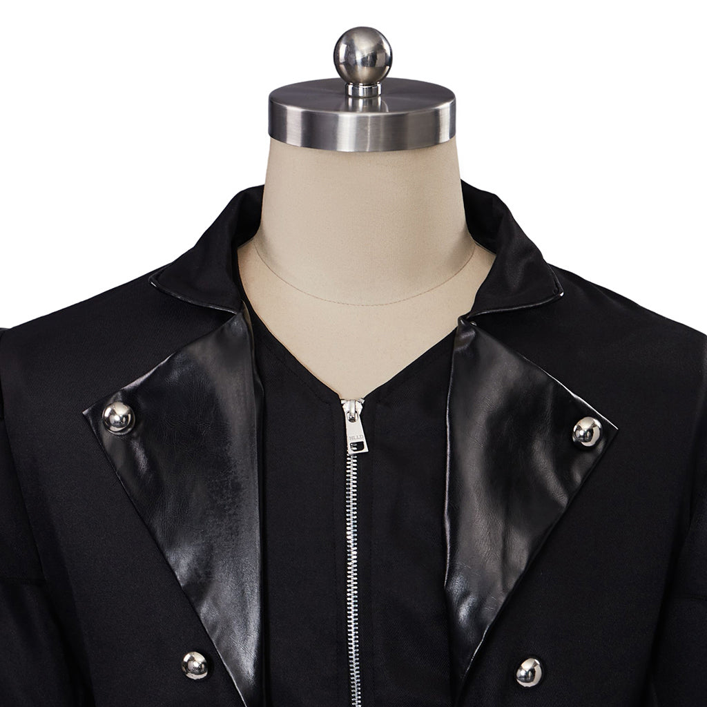 Medieval Style Black Long Coat with Shoulder Embellishments Metal Buttons Zipper for Historical Reenactments Cosplay Events Halloween