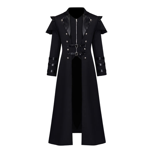 Medieval Style Black Long Coat with Shoulder Embellishments Metal Buttons Zipper for Historical Reenactments Cosplay Events Halloween