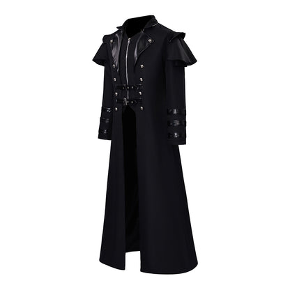 Medieval Style Black Long Coat with Shoulder Embellishments Metal Buttons Zipper for Historical Reenactments Cosplay Events Halloween
