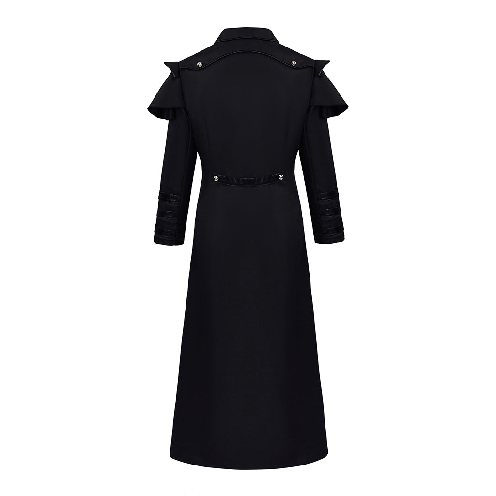 Medieval Style Black Long Coat with Shoulder Embellishments Metal Buttons Zipper for Historical Reenactments Cosplay Events Halloween