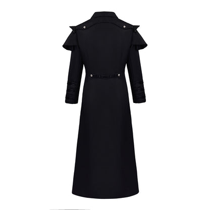 Medieval Style Black Long Coat with Shoulder Embellishments Metal Buttons Zipper for Historical Reenactments Cosplay Events Halloween