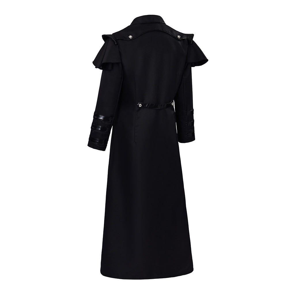 Medieval Style Black Long Coat with Shoulder Embellishments Metal Buttons Zipper for Historical Reenactments Cosplay Events Halloween