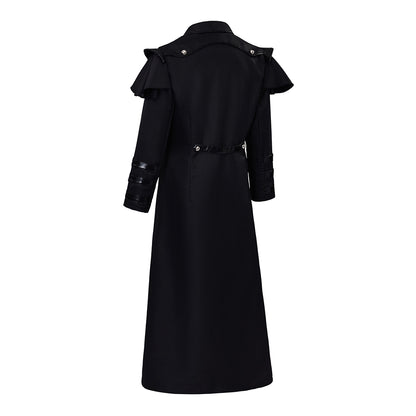 Medieval Style Black Long Coat with Shoulder Embellishments Metal Buttons Zipper for Historical Reenactments Cosplay Events Halloween