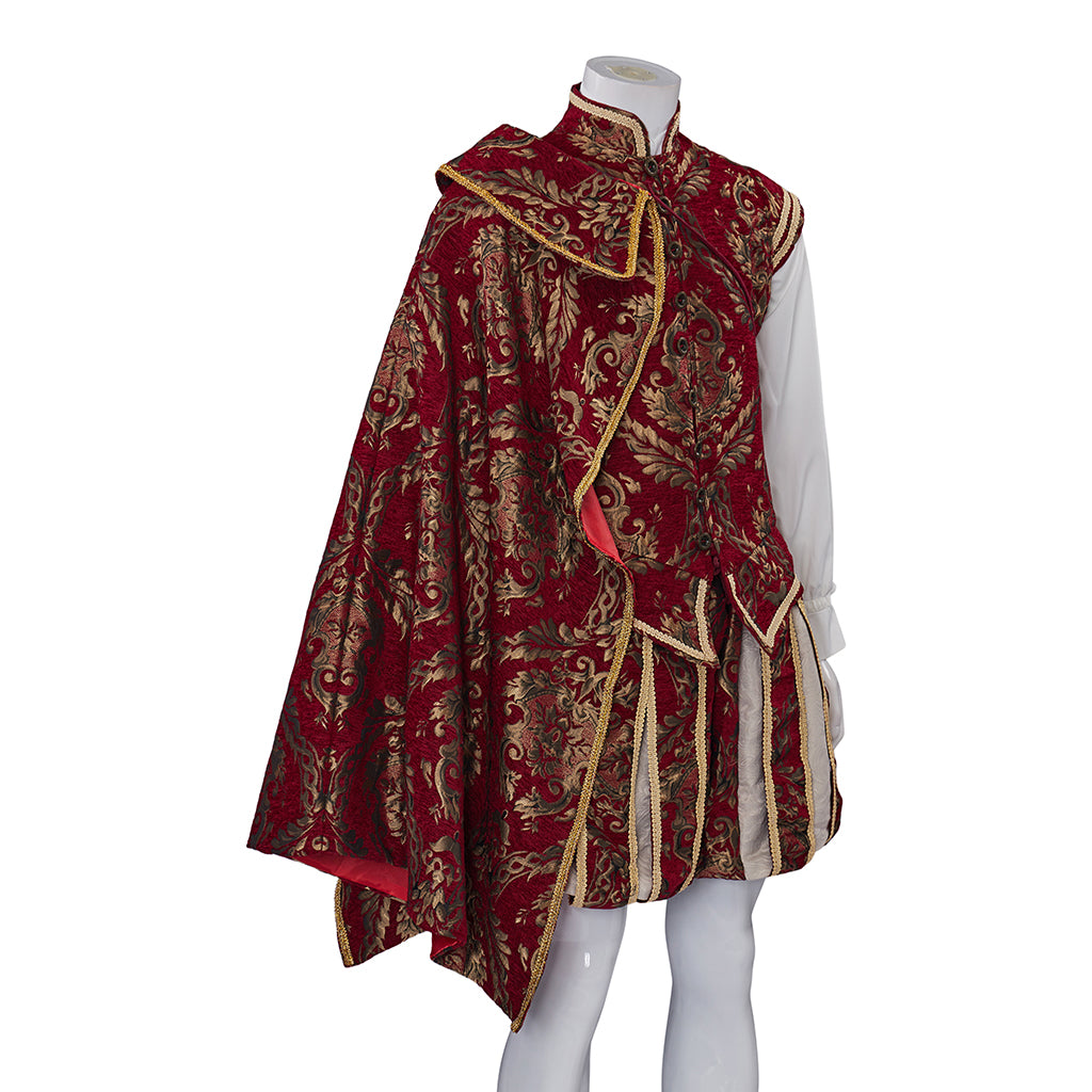 Medieval Regal Crimson Vest with Gold Embroidery Asymmetrical Cape White Undershirt or Historical Reenactments Halloween Christmas