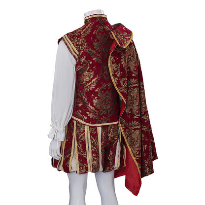 Medieval Regal Crimson Vest with Gold Embroidery Asymmetrical Cape White Undershirt or Historical Reenactments Halloween Christmas