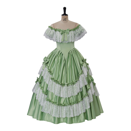 Medieval Style Light Green Off-Shoulder Gown with Layered White Lace Ruffles for Historical Reenactments Cosplay Events Halloween Christmas