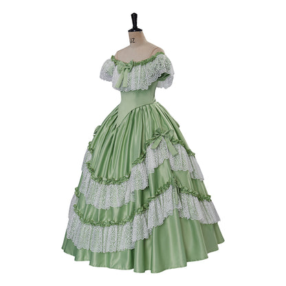 Medieval Style Light Green Off-Shoulder Gown with Layered White Lace Ruffles for Historical Reenactments Cosplay Events Halloween Christmas