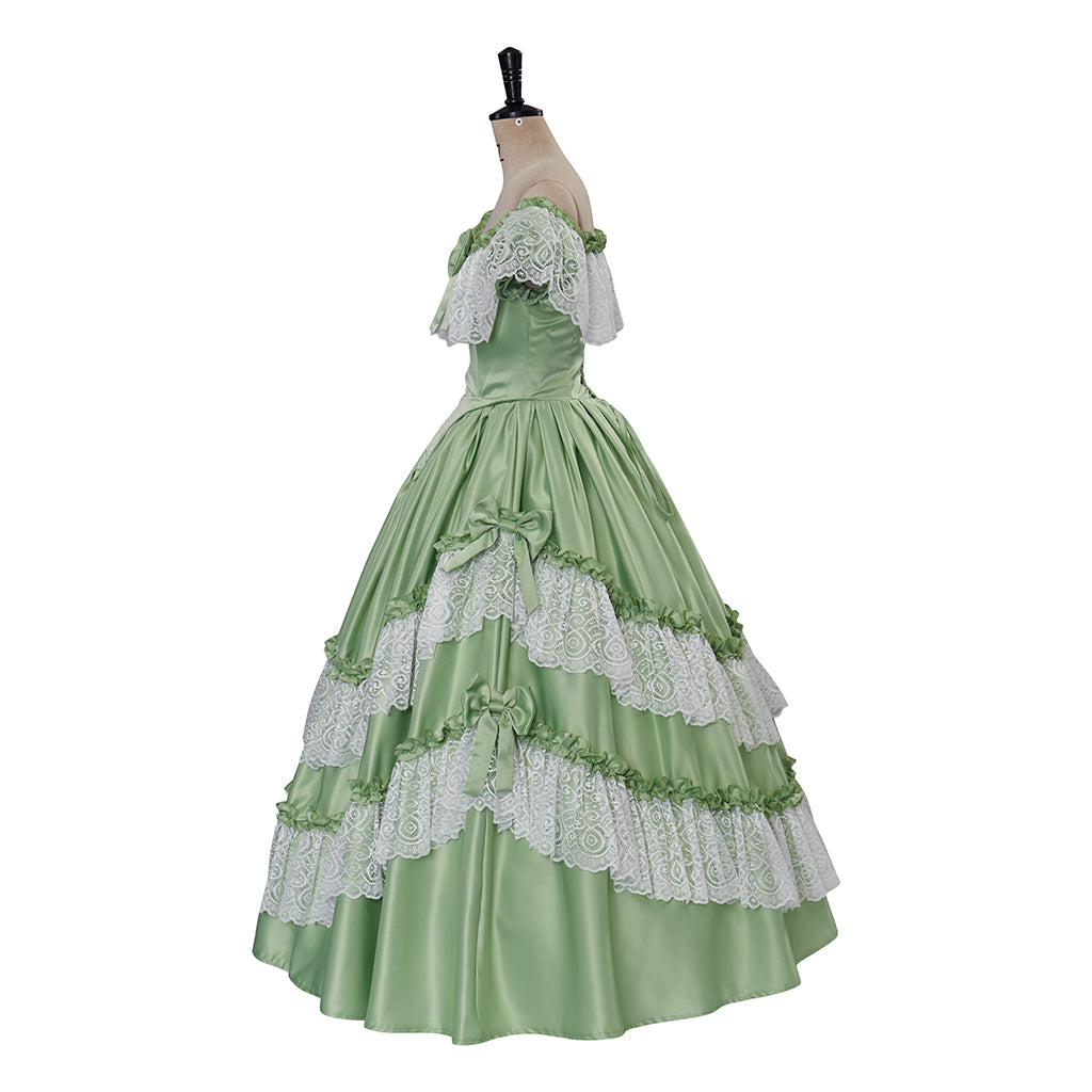 Medieval Style Light Green Off-Shoulder Gown with Layered White Lace Ruffles for Historical Reenactments Cosplay Events Halloween Christmas