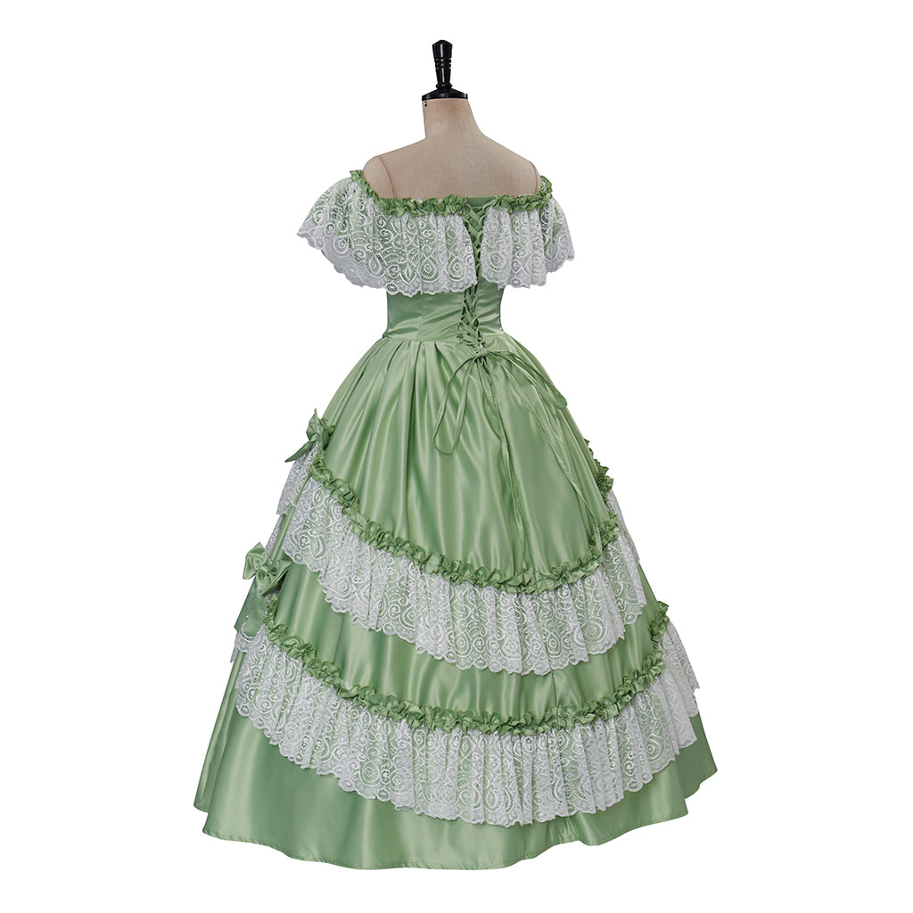 Medieval Style Light Green Off-Shoulder Gown with Layered White Lace Ruffles for Historical Reenactments Cosplay Events Halloween Christmas