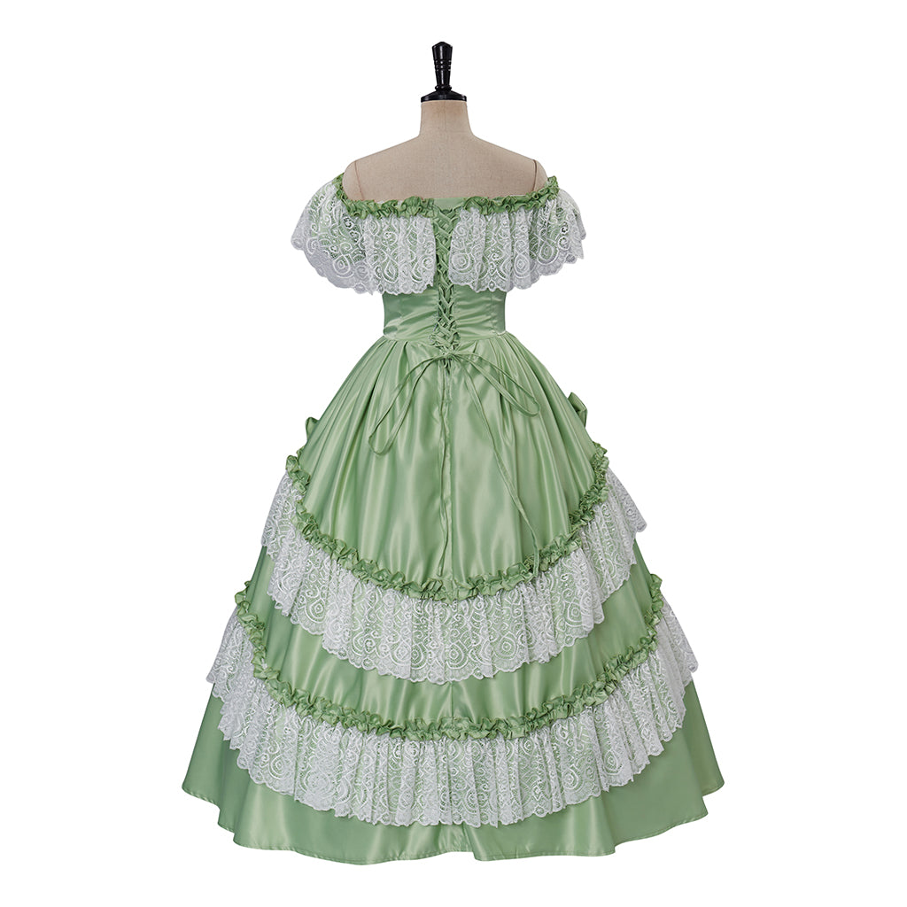 Medieval Style Light Green Off-Shoulder Gown with Layered White Lace Ruffles for Historical Reenactments Cosplay Events Halloween Christmas
