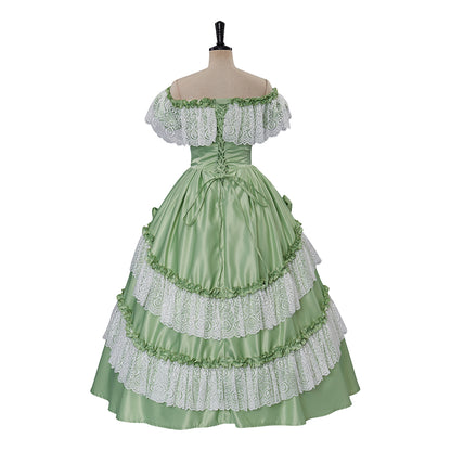 Medieval Style Light Green Off-Shoulder Gown with Layered White Lace Ruffles for Historical Reenactments Cosplay Events Halloween Christmas
