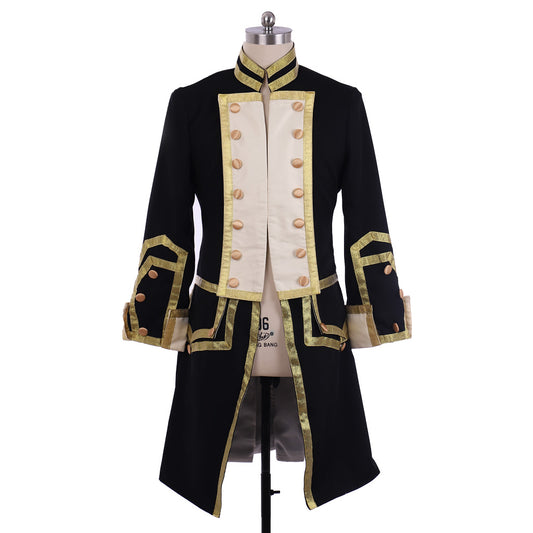 Medieval Men's Black and Gold Empire Military Coat with Ornate Gold Accents Cosplay Stage Costume Adult Halloween Christmas Party Themed Outfit